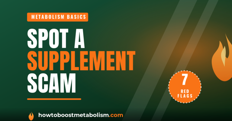 Supplement scam red flags - magnifying glass over a fat-burner supplement label