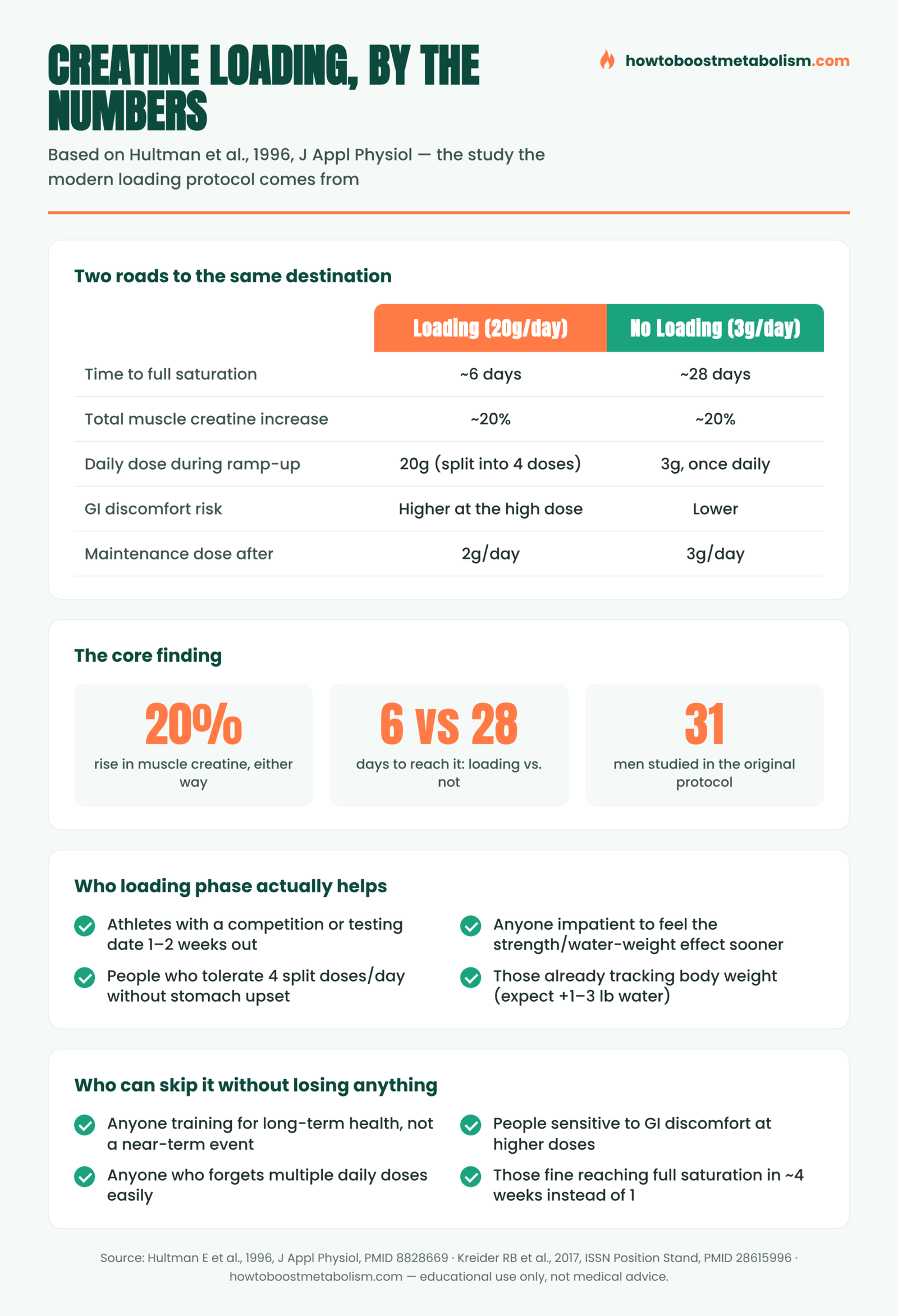 Infographic comparing creatine loading phase (20g/day for 6 days) versus no loading (3g/day for 28 days)