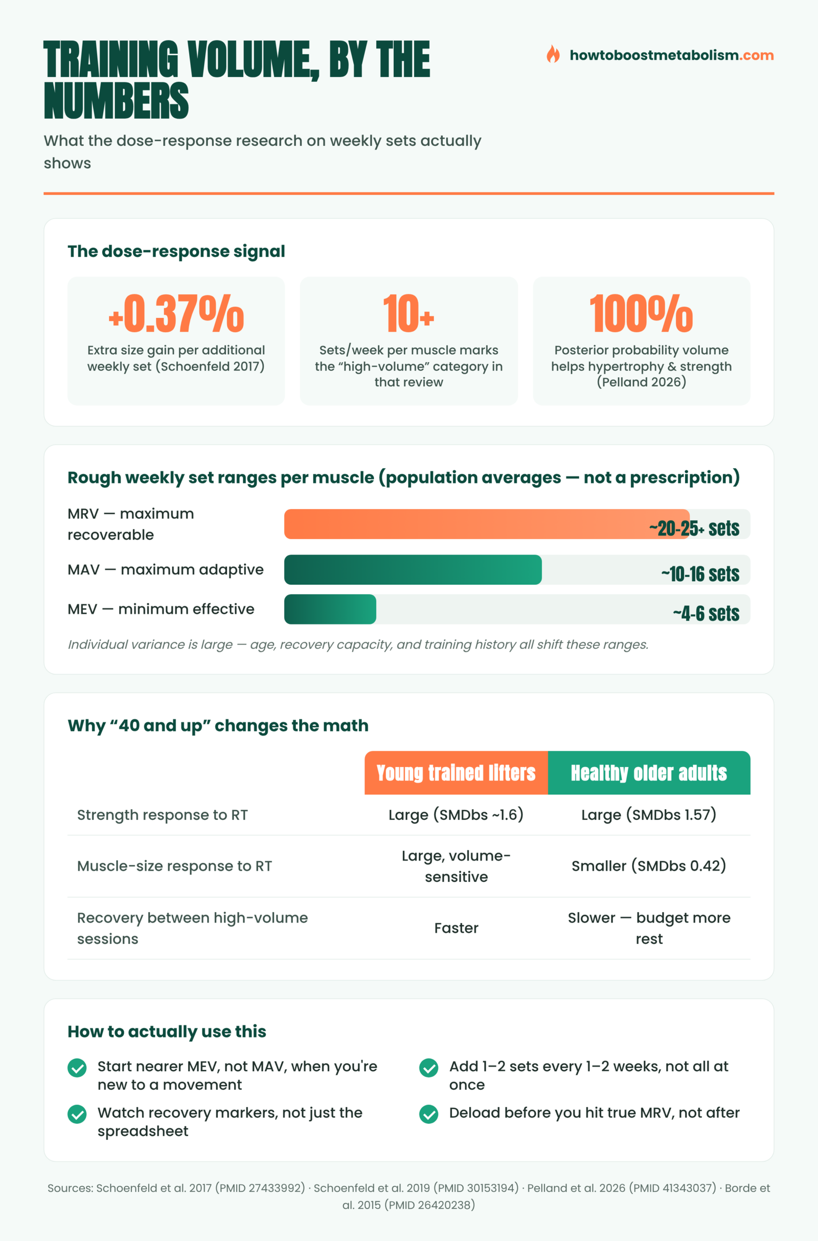 Infographic showing MEV, MAV, and MRV training volume landmarks and weekly set ranges
